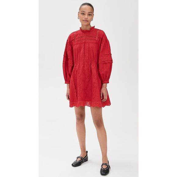NWT Damson Madder Clancy Mini Dress US Size 6 Red Long Sleeve Embroidered Lace - Picture 1 of 14